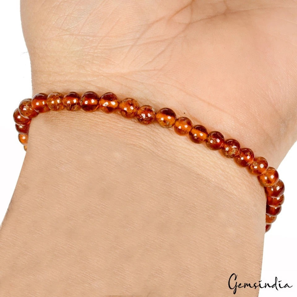 Natural Untreated Hessonite Garnet Rondelle Cabochon Beaded Handmade Bracelet 7"