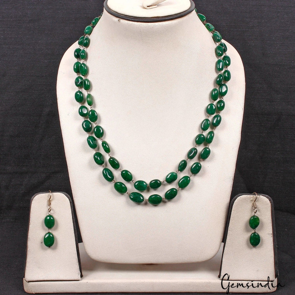 320 Cts Natural Green Quartz Gemstone Oval Beads Handmade Necklace w/ Earrings