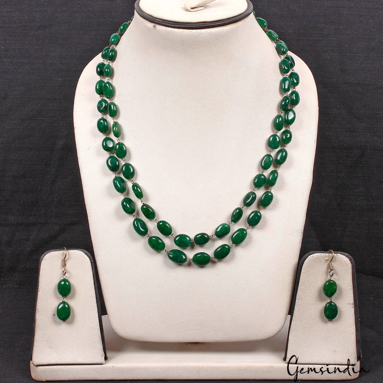 320 Cts Natural Green Quartz Gemstone Oval Beads Handmade Necklace w/ Earrings