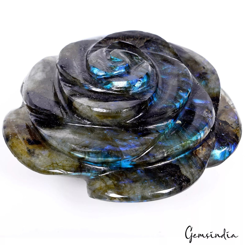 740 Ct Natural Untreated Blue Shine Labradorite Carved Rose Flower Rare Gemstone