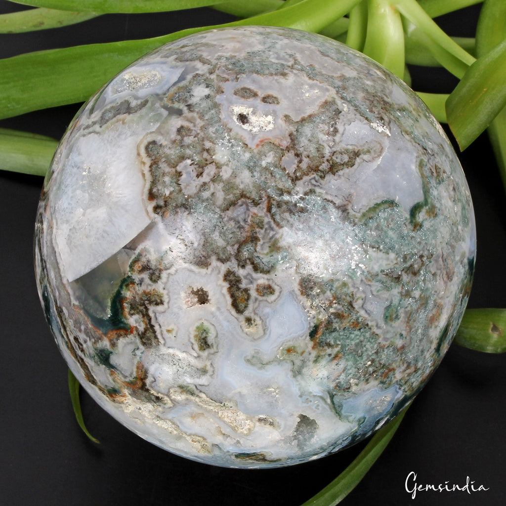 4.25 in Large Natural Moss Agate Geode Druzy Sphere Quartz Crystal Ball Healing