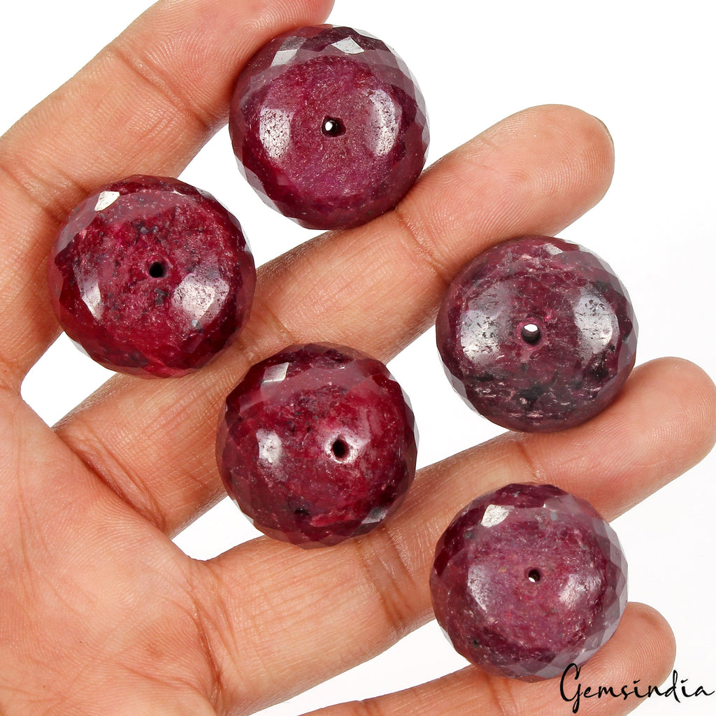 700 Cts/5 Pcs Natural Rich Red Ruby Huge Round Checker Cut Loose Drilled Beads