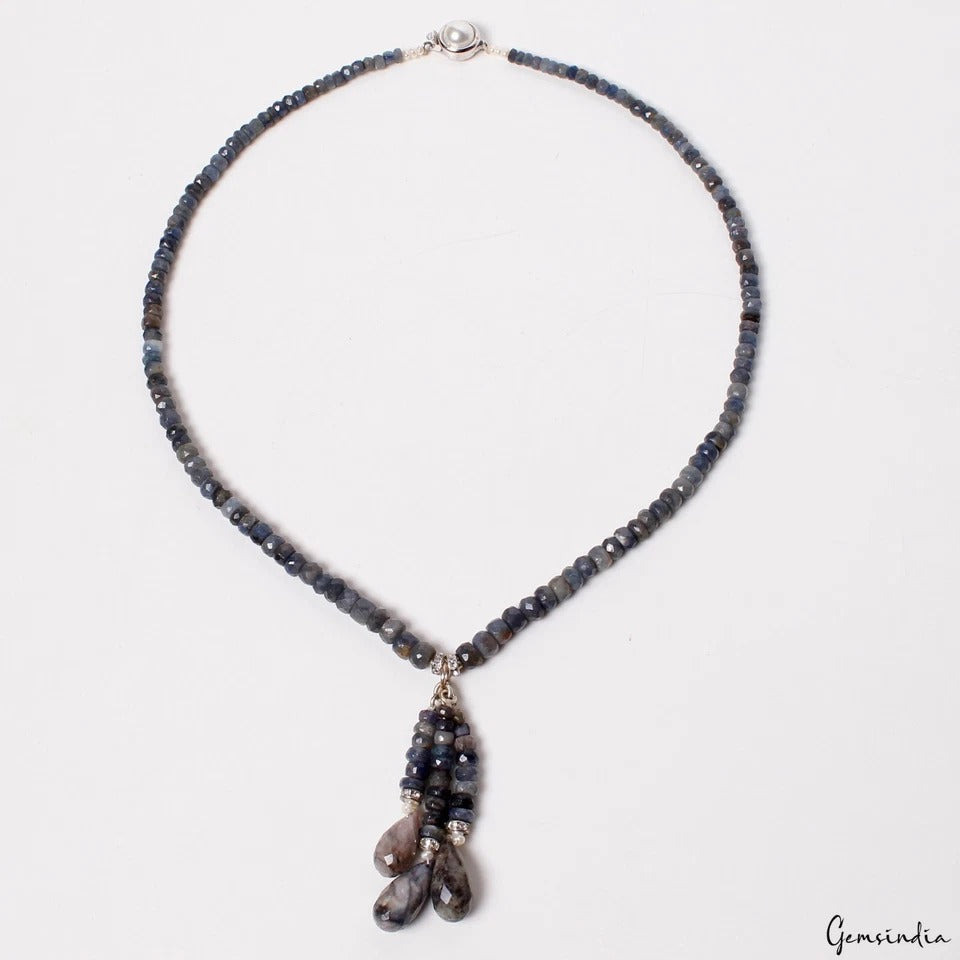 18 In Untreated Blue Sapphire Round Cut Gemstone Beaded Handmade Women Necklace