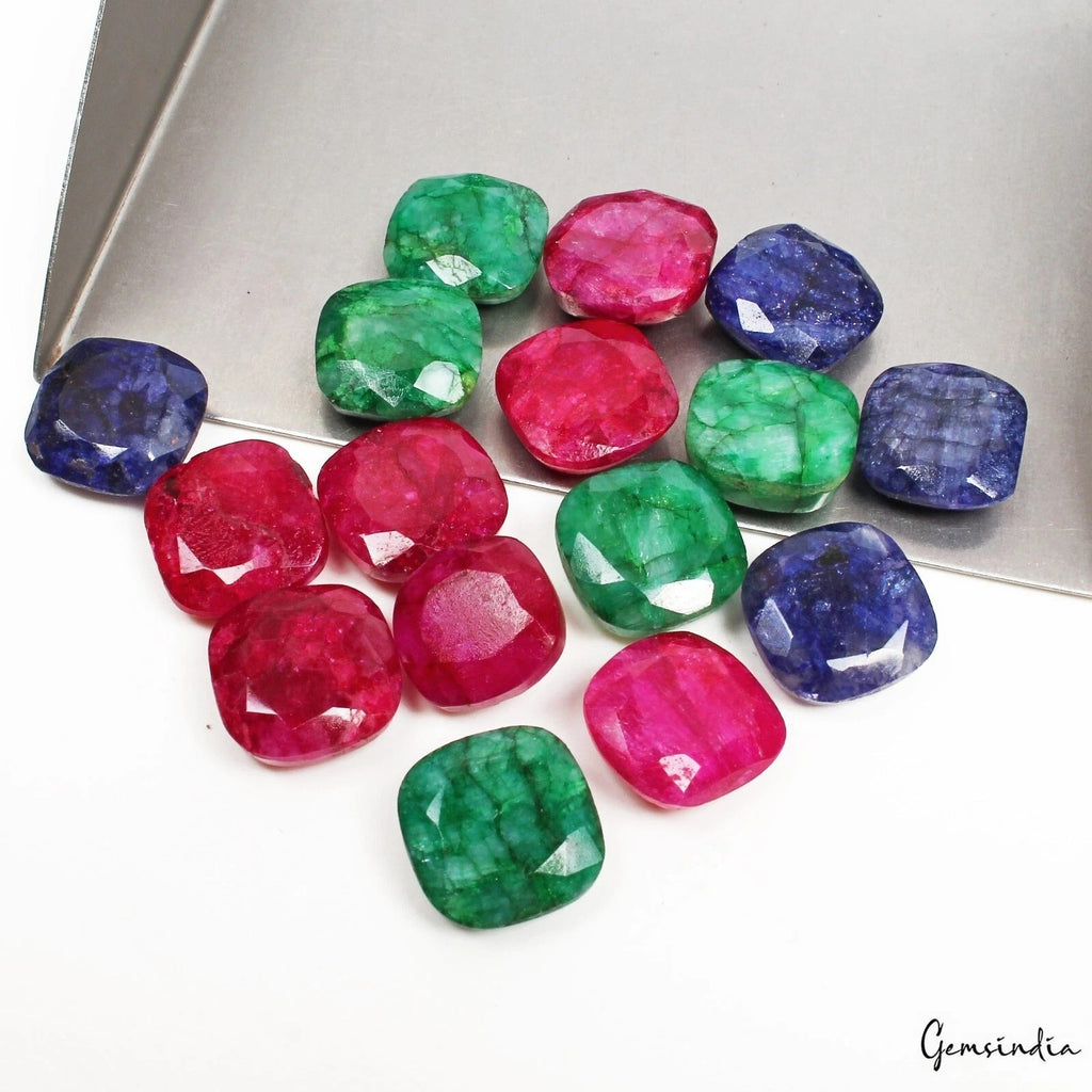 145 Ct/16 Pcs Natural Blue Pink Beryl Green Emerald Cushion Cut Loose Gemstones