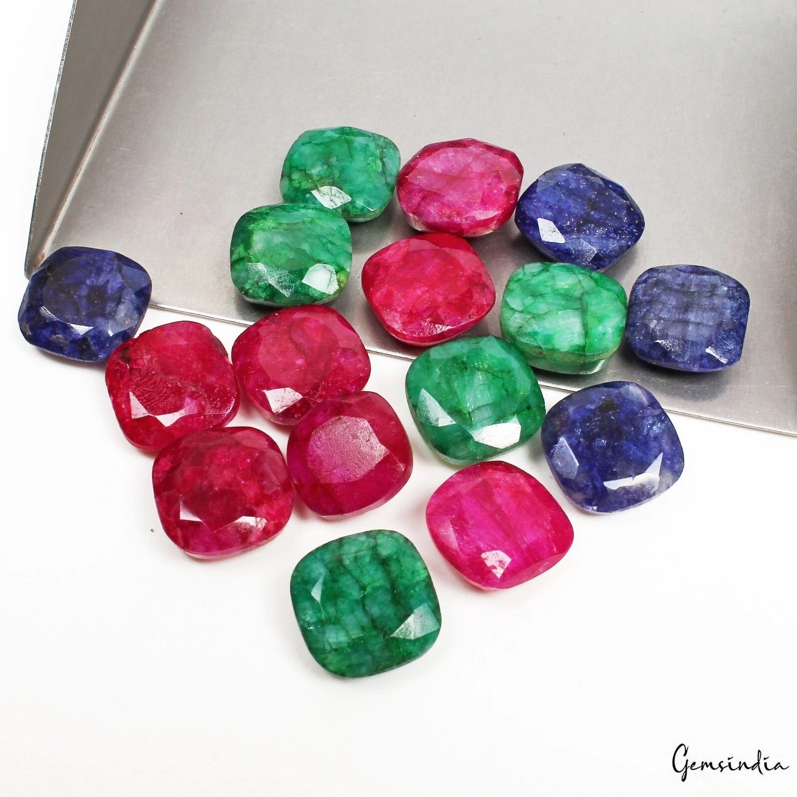 145 Ct/16 Pcs Natural Blue Pink Beryl Green Emerald Cushion Cut Loose Gemstones