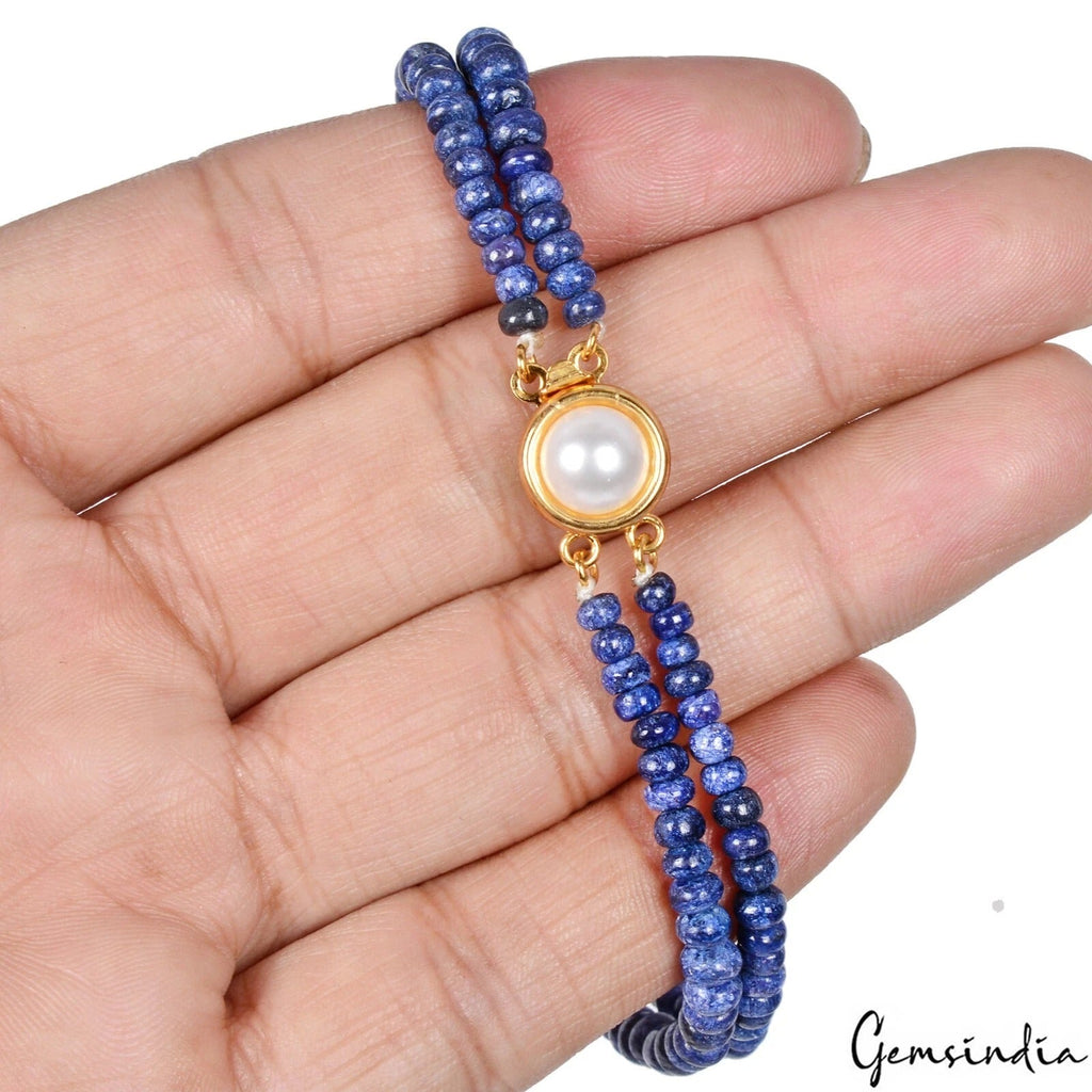 84.40 Ct Natural Blue Sapphire Round Cab Center Drilled Beaded Handmade Bracelet