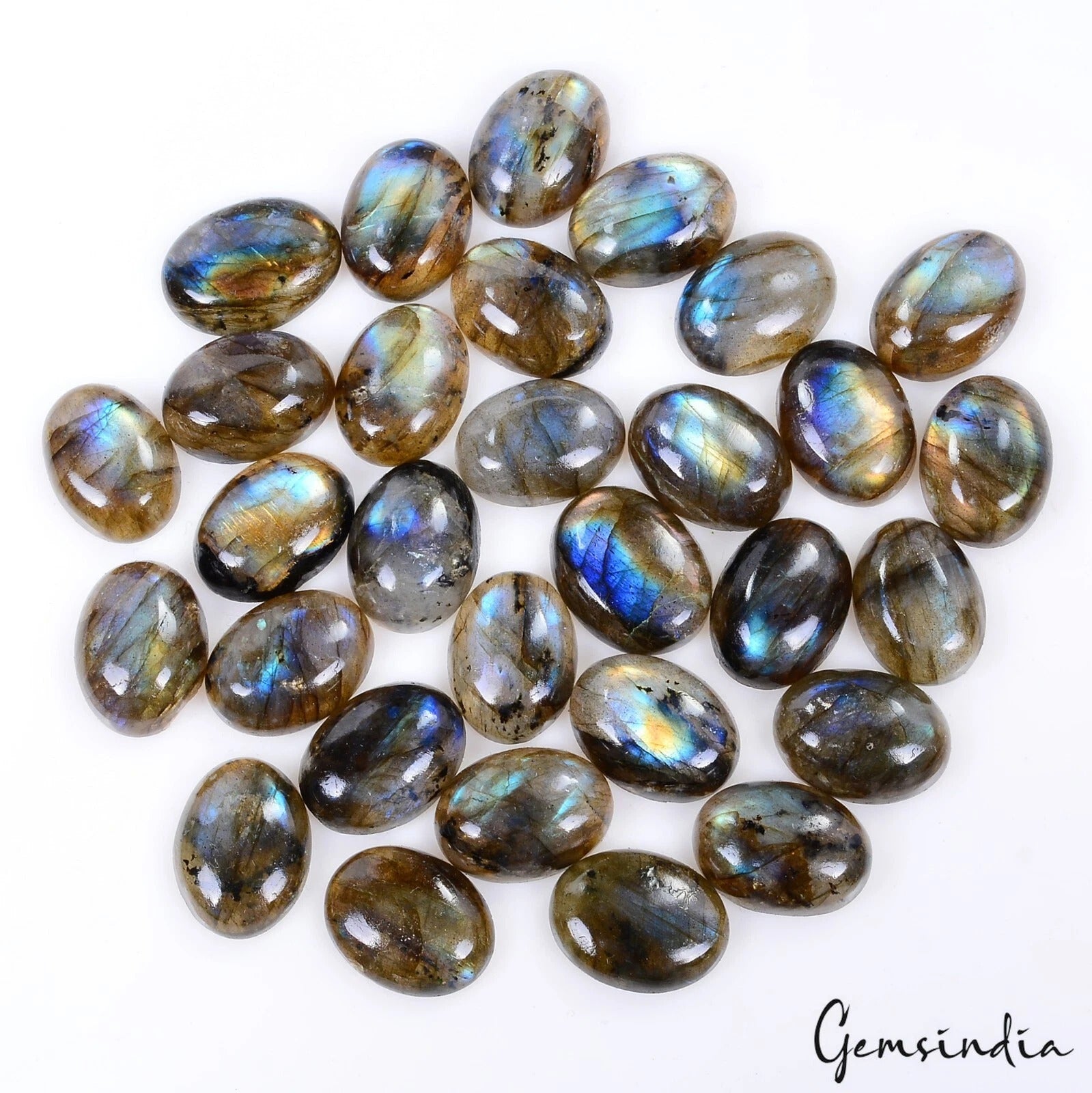 Labradorite Lot, Cabochon, Untreated, Blue — 30 Pieces, 15mm to 17mm, 256.10 Ct