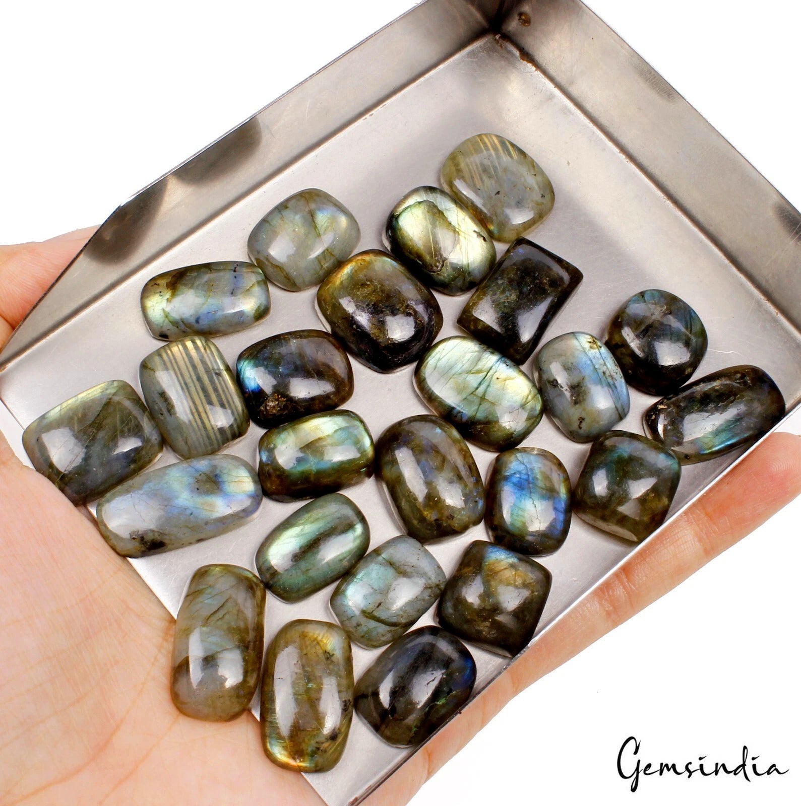 400 Cts Natural Blue Green Labradorite Cushion Cabochon Loose 15-25mm Gemstones