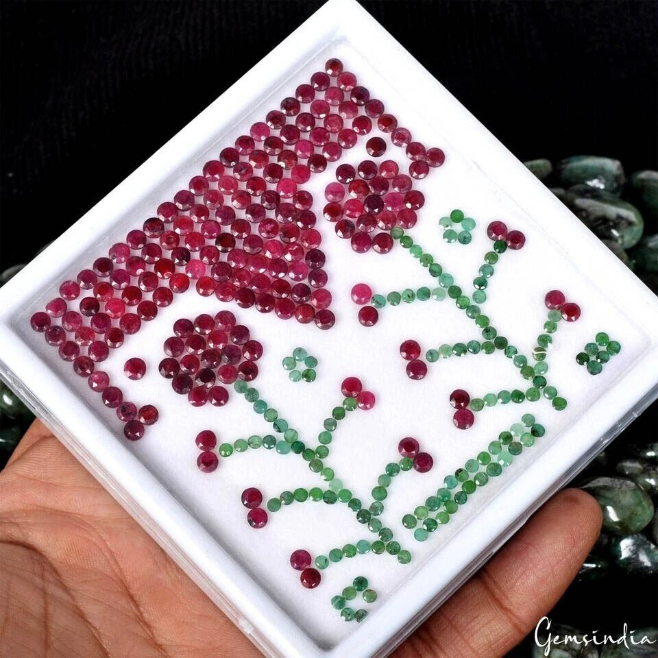 59.30 Cts/308 Pcs Natural Red Ruby Green Emerald Round Cut Gems Lot For Jewelry