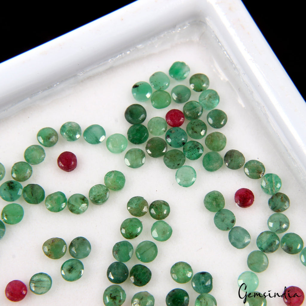 Natural Ruby & Emerald Round Facet Loose Gemstone 34.10Ct/347Pcs Lot for Jewelry