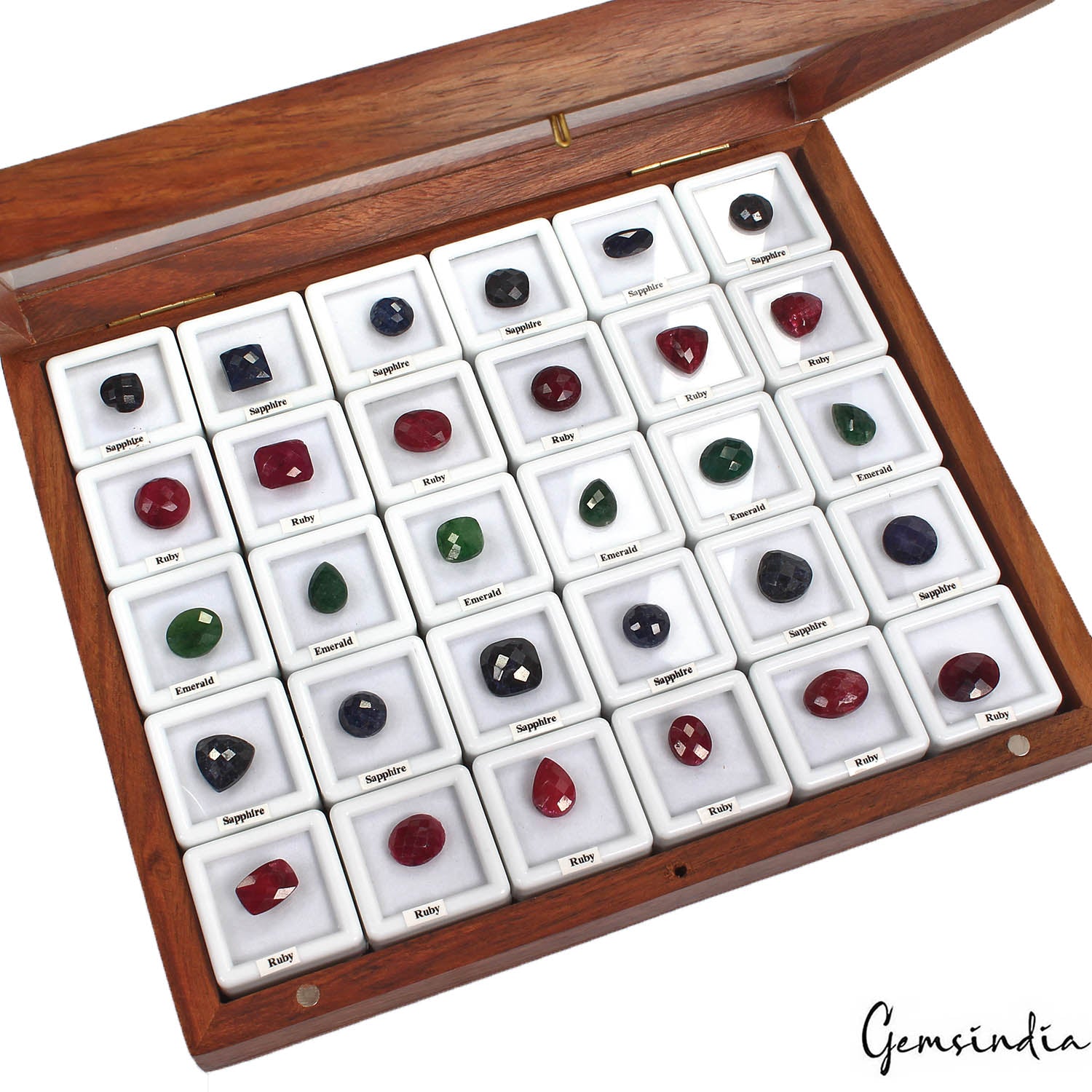 30 Pcs Natural Multi Color Ruby Emerald Sapphire Checker Cut Gems in Wooden Box