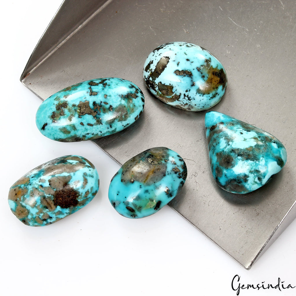 5 Persian Turquoise Neyshabur Cabochon Lot, Not Stabilized, %100 Natural 23-32mm