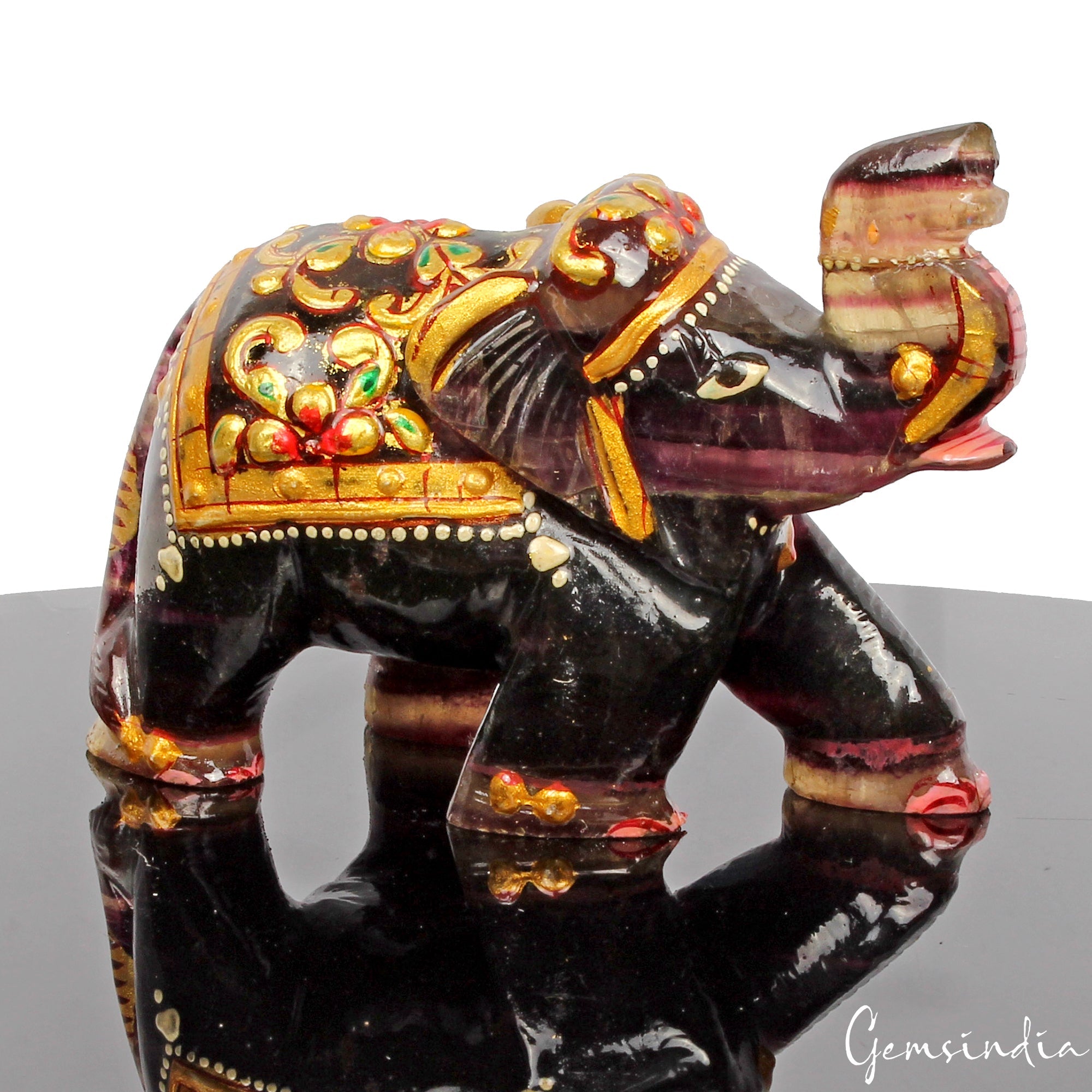 800 Cts Carved Gemstone Fluorite Trunk Up Elephant Figurine Animal Decor /Statue