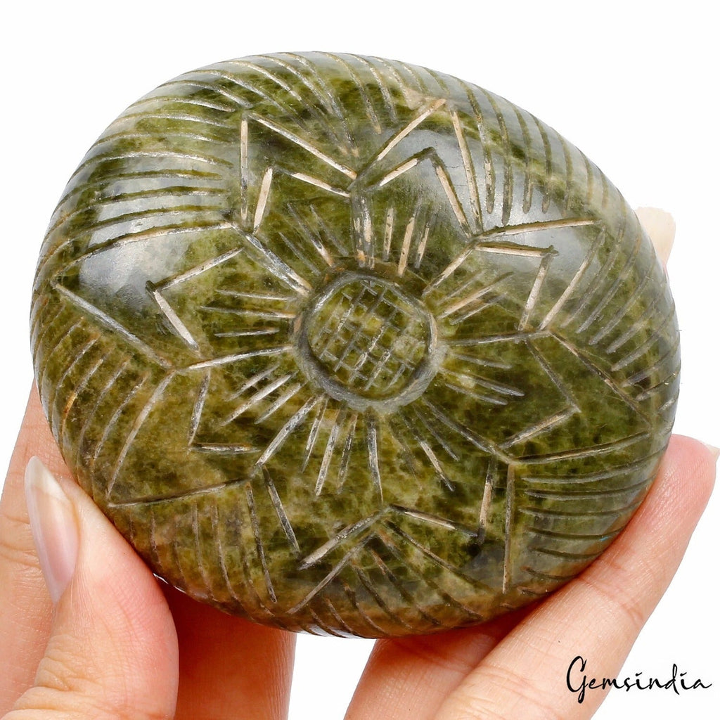1180 Ct~ Natural Green Vessonite Oval Cab Floral Loose Hand Carved Gemstone