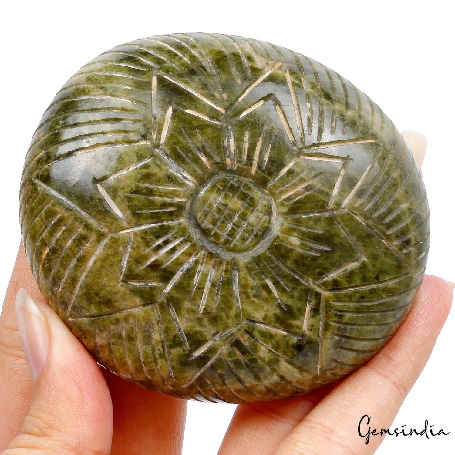 1180 Ct~ Natural Green Vessonite Oval Cab Floral Loose Hand Carved Gemstone