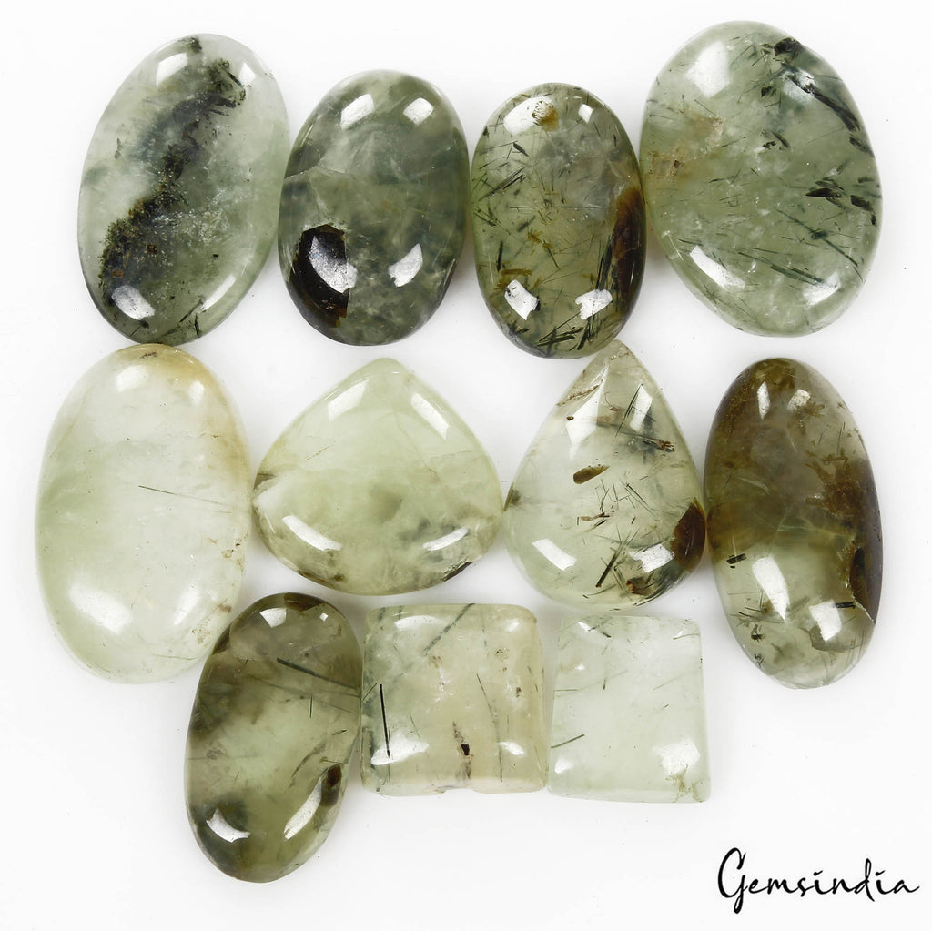 Prehnite Lot, Cabochon, Untreated, Green — 11 Pieces, 16mm to 30mm, 330 Ct, Madagascar