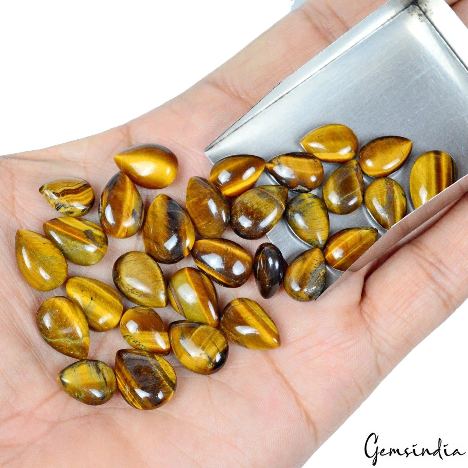 Tiger Eye Lot, Cabochon, Pear Cabochon, Untreated — 29 Pieces, 11mm to 15mm, 167.00 Ct