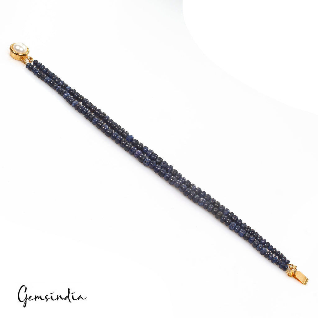 84.40 Cts Natural Blue Sapphire Round Cab Beaded Handmade Bracelet W Pearl Lock