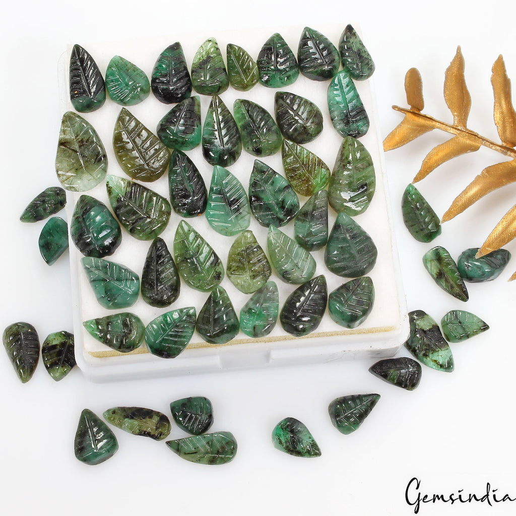 88.40 Ct/51 Pc Natural Green Brazilian Green Emerald Pear Leaf Carved Loose Gems