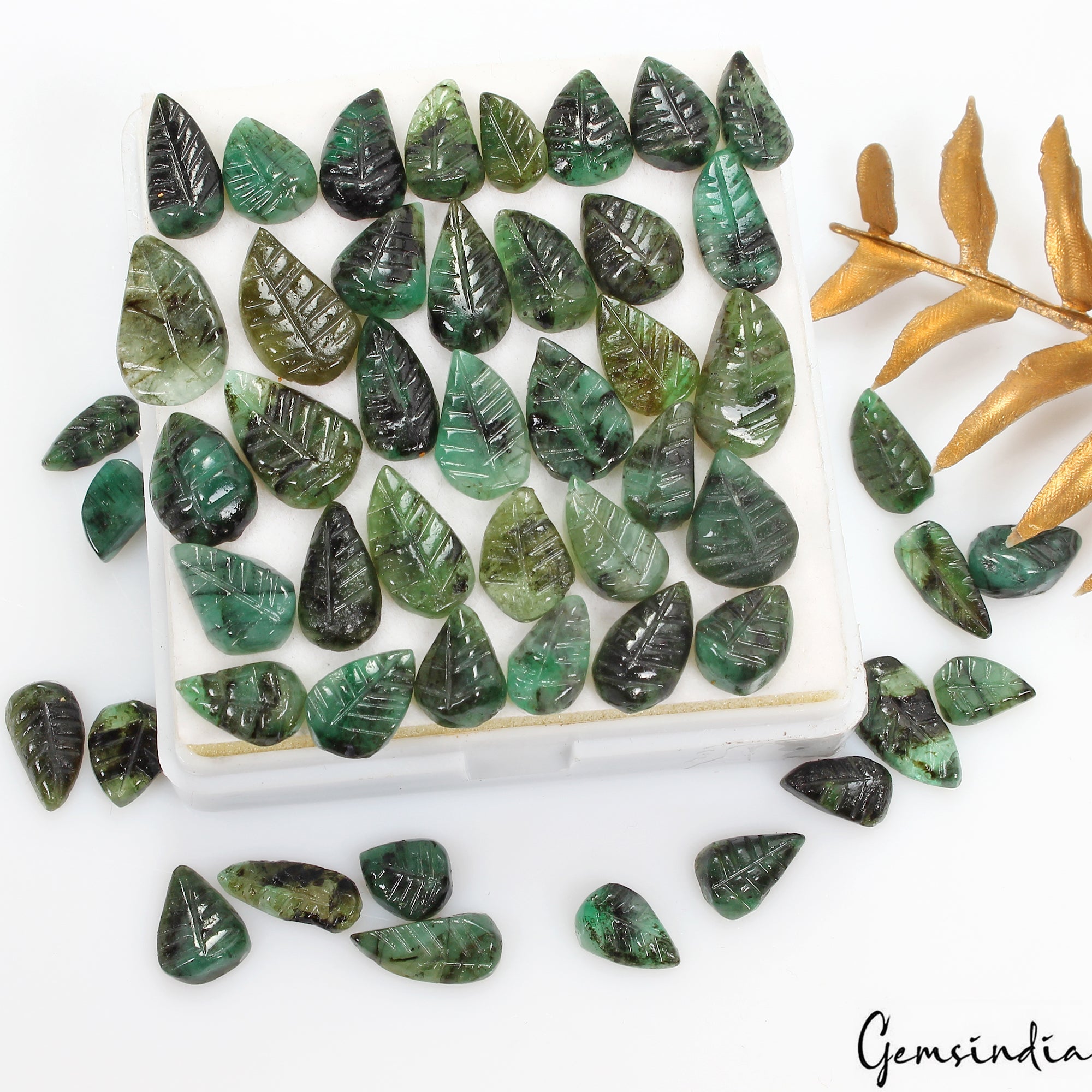 88.40 Ct/51 Pc Natural Green Brazilian Green Emerald Pear Leaf Carved Loose Gems