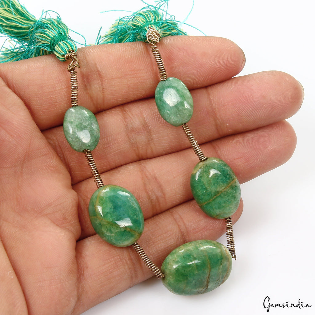 6.5 In Natural Brazilian Green Emerald Oval Cabochon Drilled Beads Gems Strand