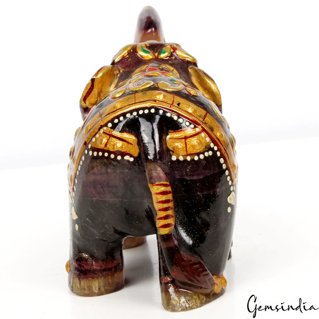 800 Cts Carved Gemstone Fluorite Trunk Up Elephant Figurine Animal Decor /Statue
