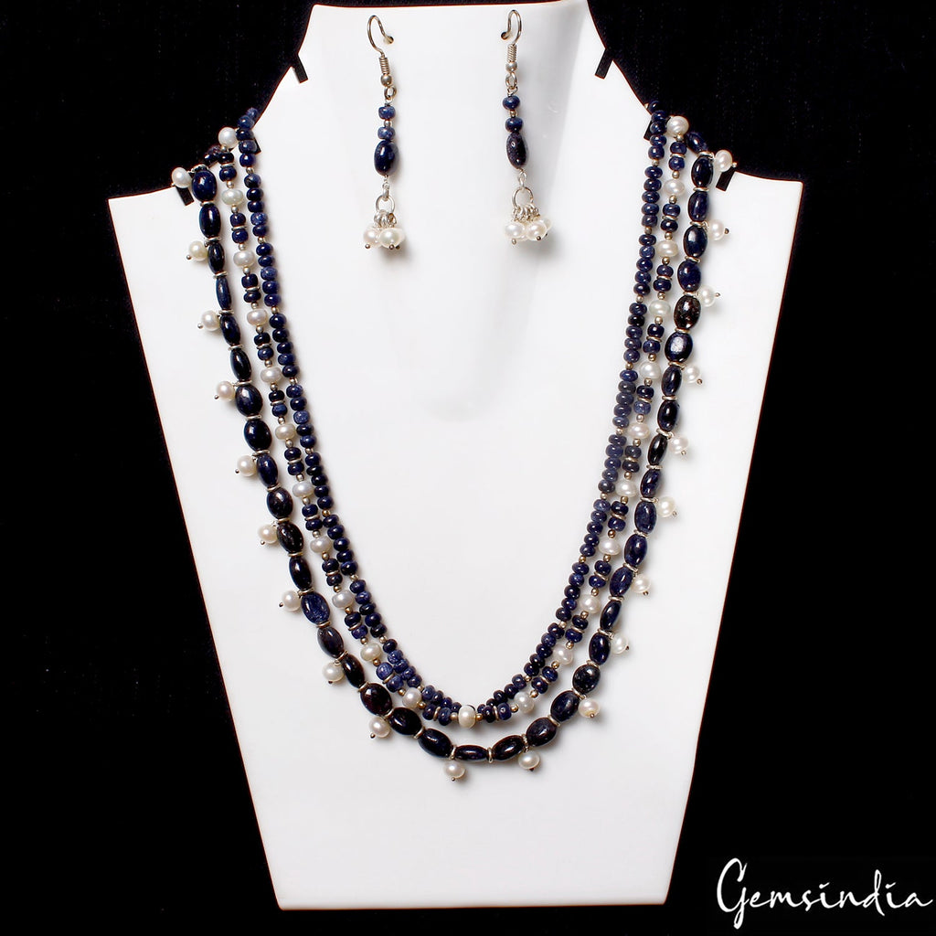 19" Handmade 3 Lines Natural Sapphire Pearl Necklace Earrings jewelry set~452 Ct