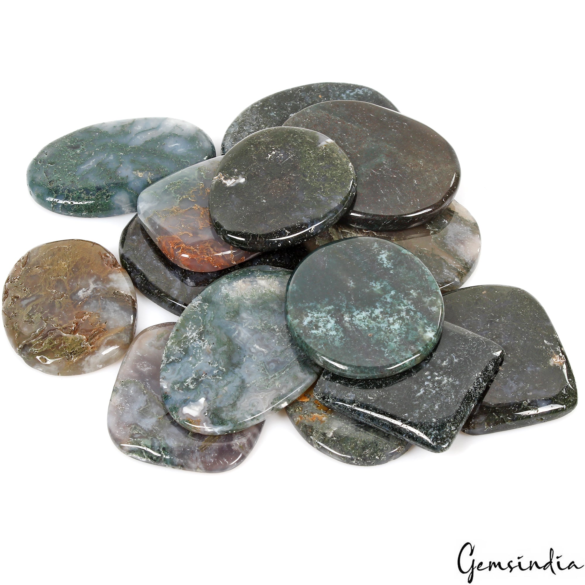 Moss Agate Lot, Cabochon, Assorted Cabochon, Untreated — 14 Pieces, 39mm to 57mm, 1600 Ct