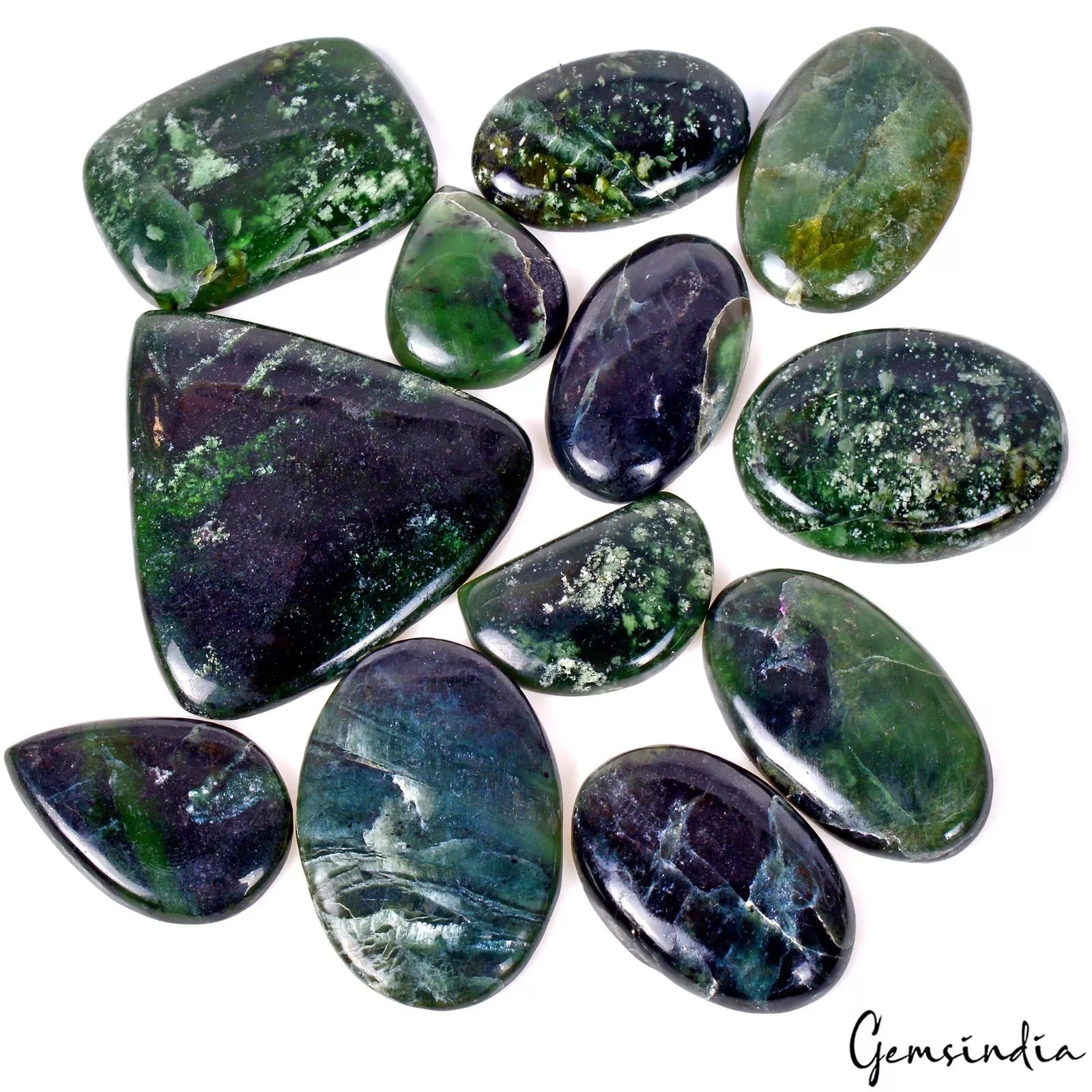 Serpentine Lot, Cabochon, Oval, Pear, Cushion & Fancy Cabochon Gemstone, Untreated — 12 Pieces, 25mm to 47mm, 530 Ct