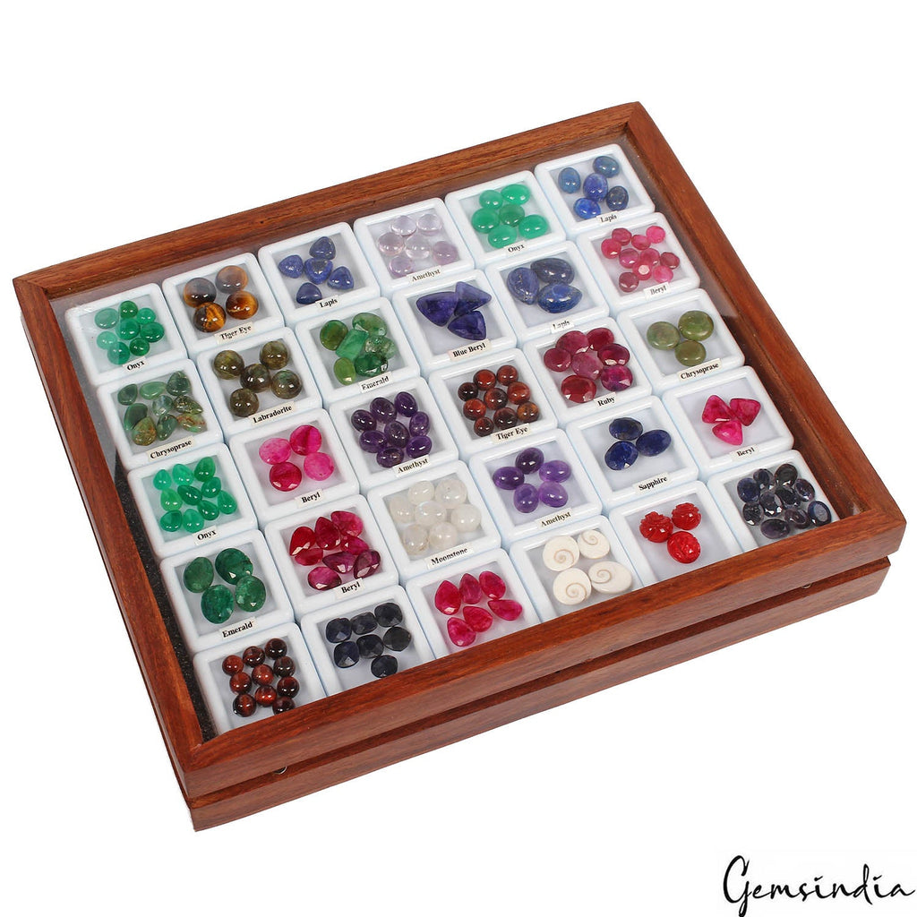 181 Pcs Estate Genuine Semi Precious Loose Multi Color Gem Collection+Wooden Box