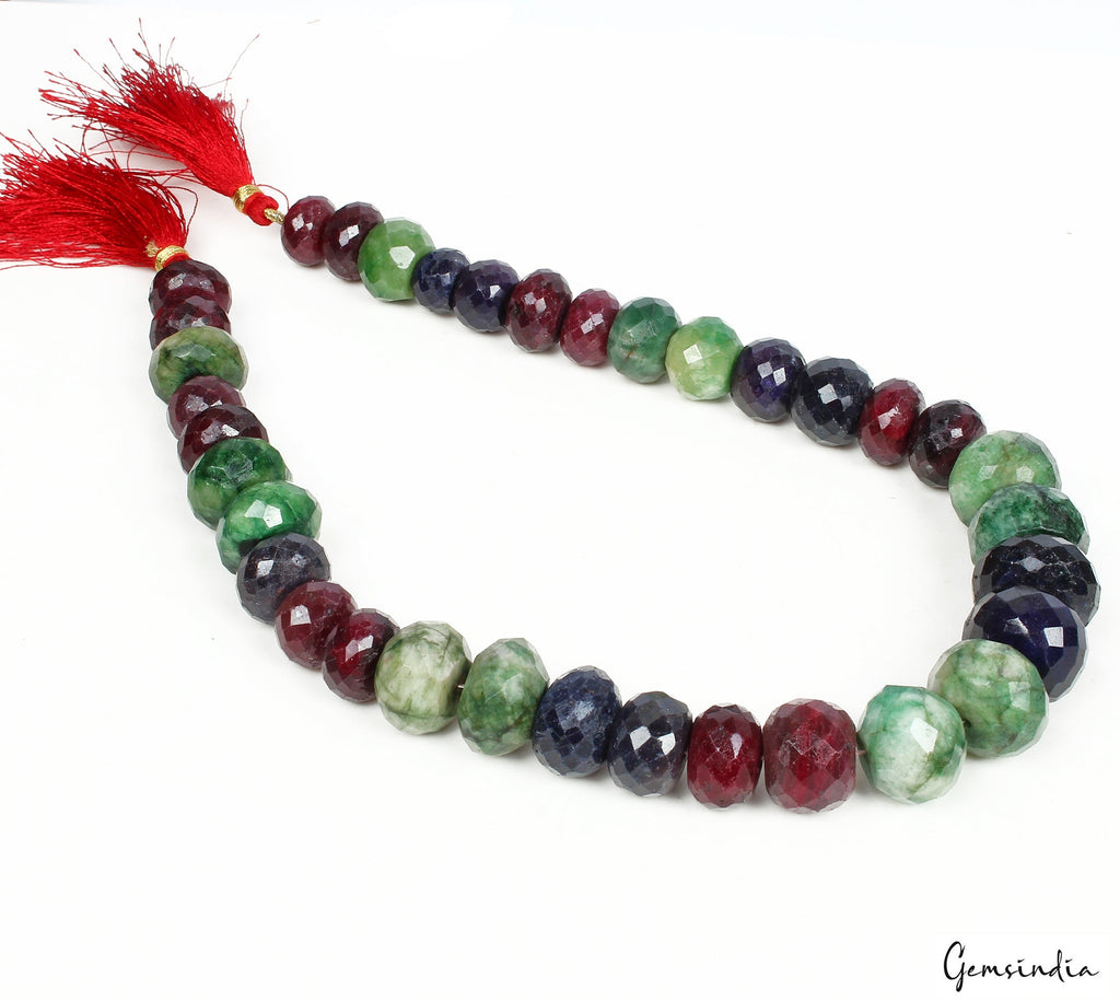 860Ct Natural Ruby Sapphire Emerald Round Checker Cut Center Drill Bead Strand