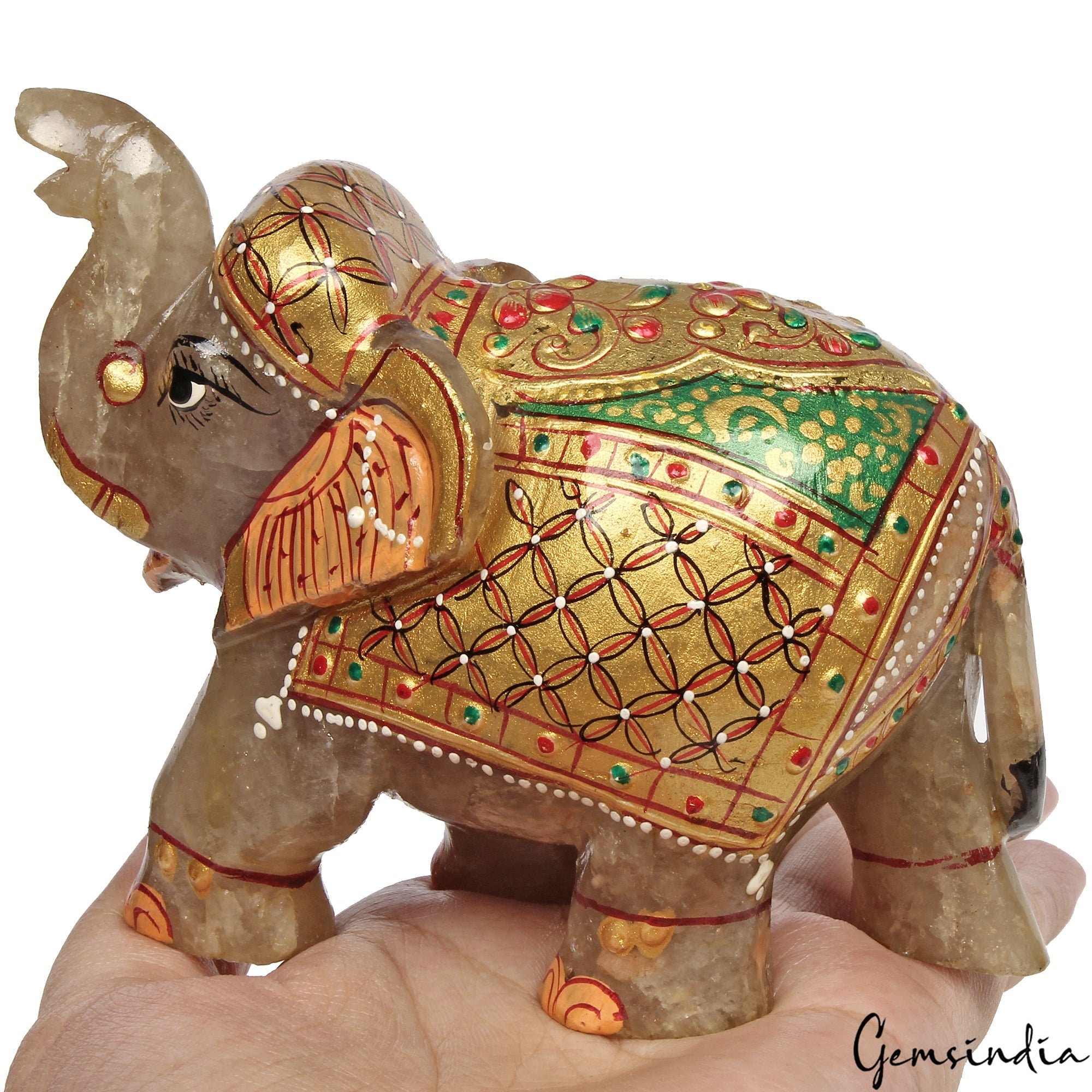 2550 Cts Natural Aventurine Gemstone Hand Crafted Gold Painted Elephant Statue