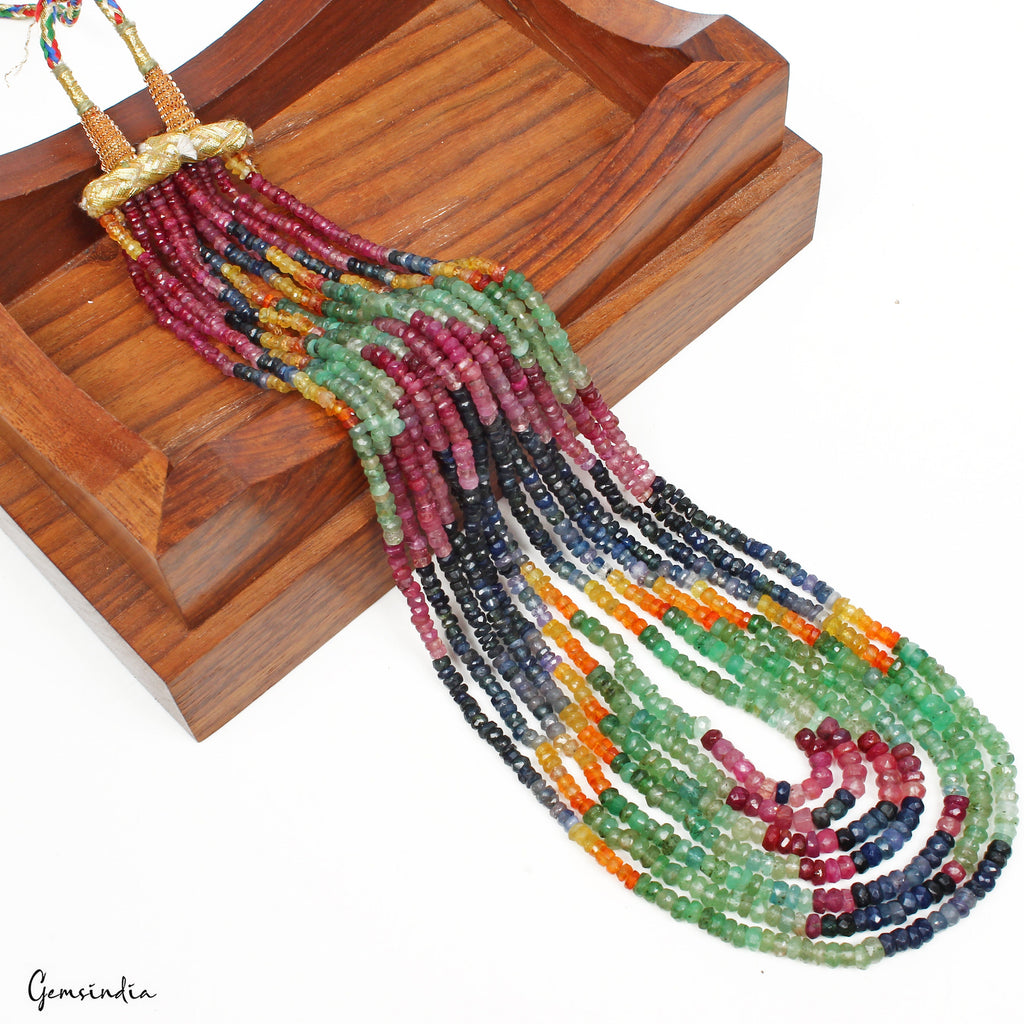 7 Strands Untreated Ruby Emerald Sapphire Beaded Designer AAA Necklace 350 Cts