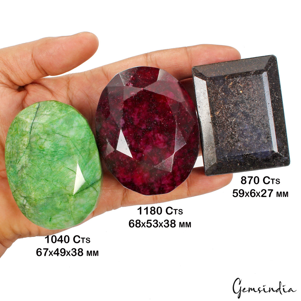 3100 Ct/3 Pcs Natural Multi Color Emerald Ruby Sapphire Mixed Cut Huge Gems Lot