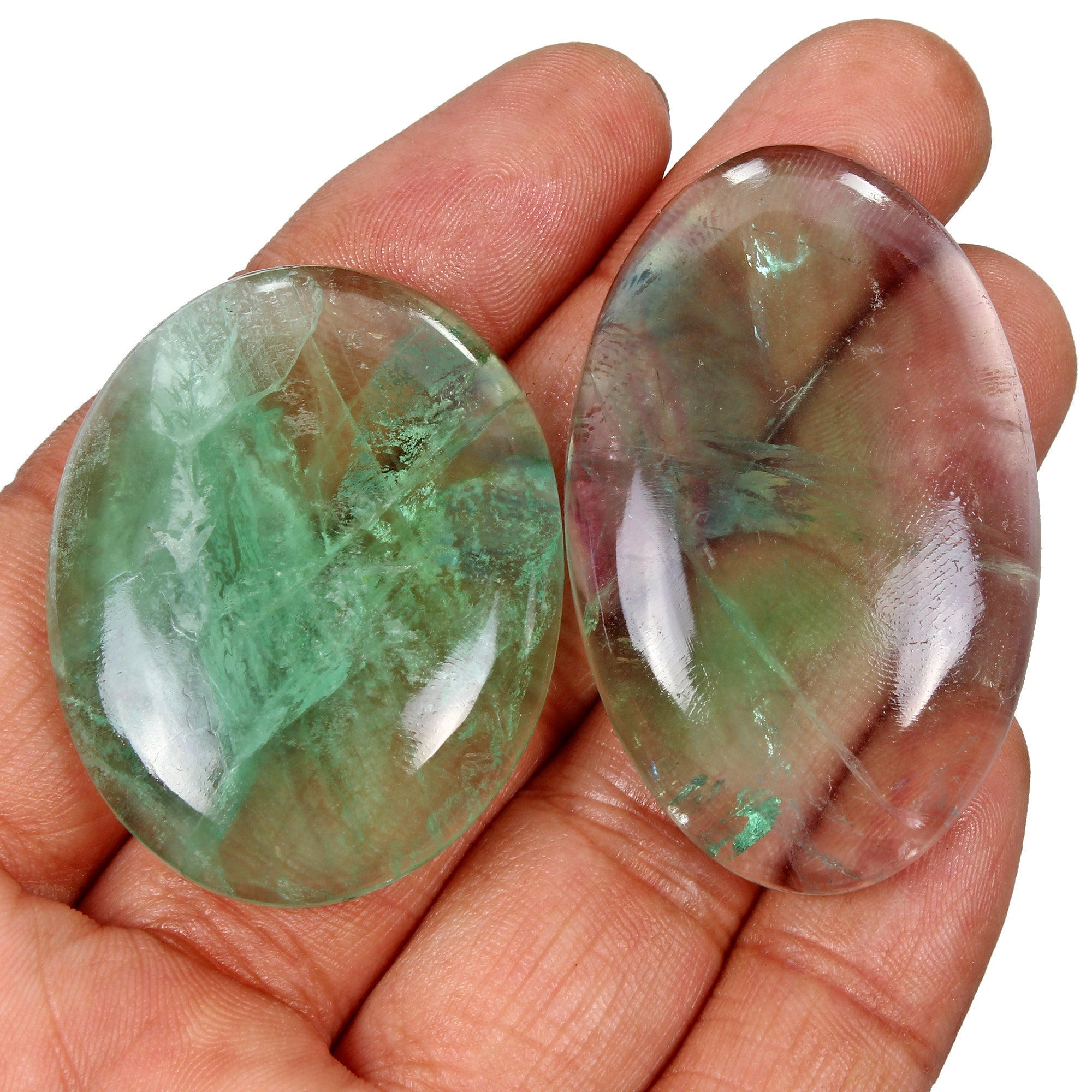 2 Pcs Natural Fluorite Oval Cabochon Loose Bi-color 41-48mm Gemstones ~ 267.80Ct
