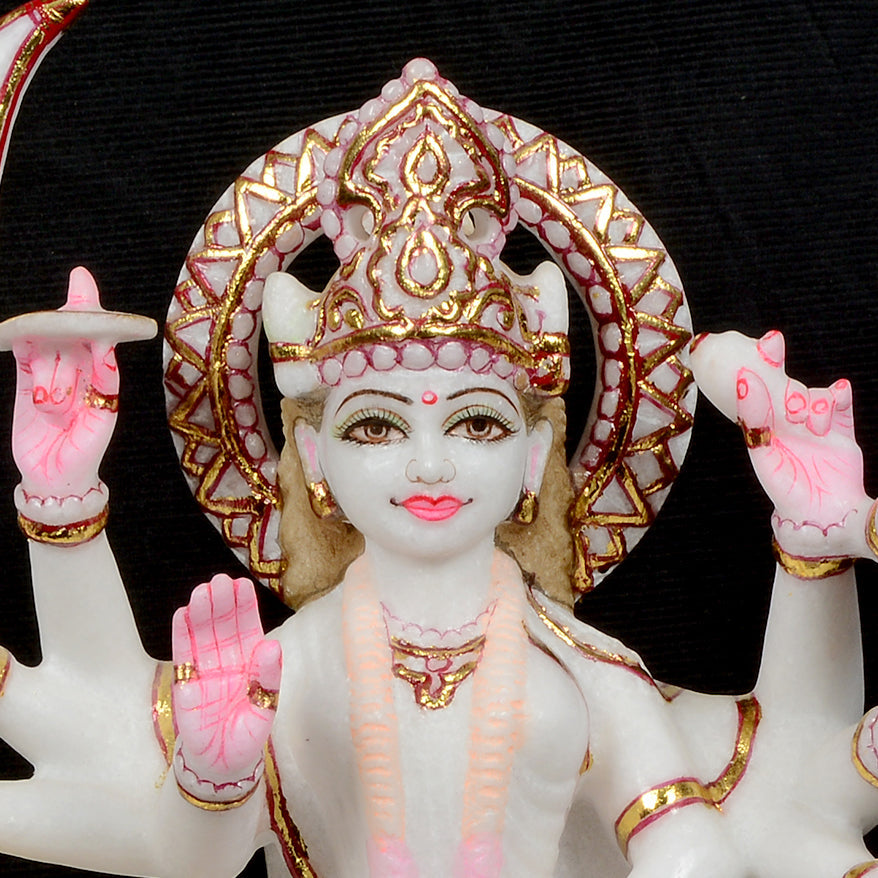 13.2" White Marble Durga Sitting on Lion Statue Hand Crafted Sculpture/ Art Work