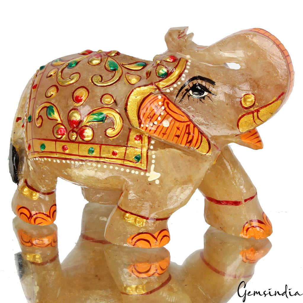 Hand Crafted Gold Painted Trunk Up Elephant 1420 Ct Natural Aventurine Sculpture