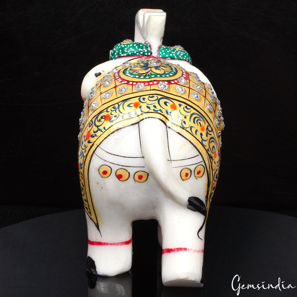 1.37 Kg Marble Elephant Statue Trunk Up Hand Paint Indian Art Home Deor Figurine
