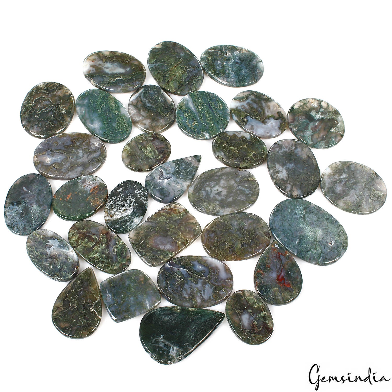 3500 Ct/30 Pcs Natural Untreated White Green Moss Agate Mix Cab Wholesale Gems