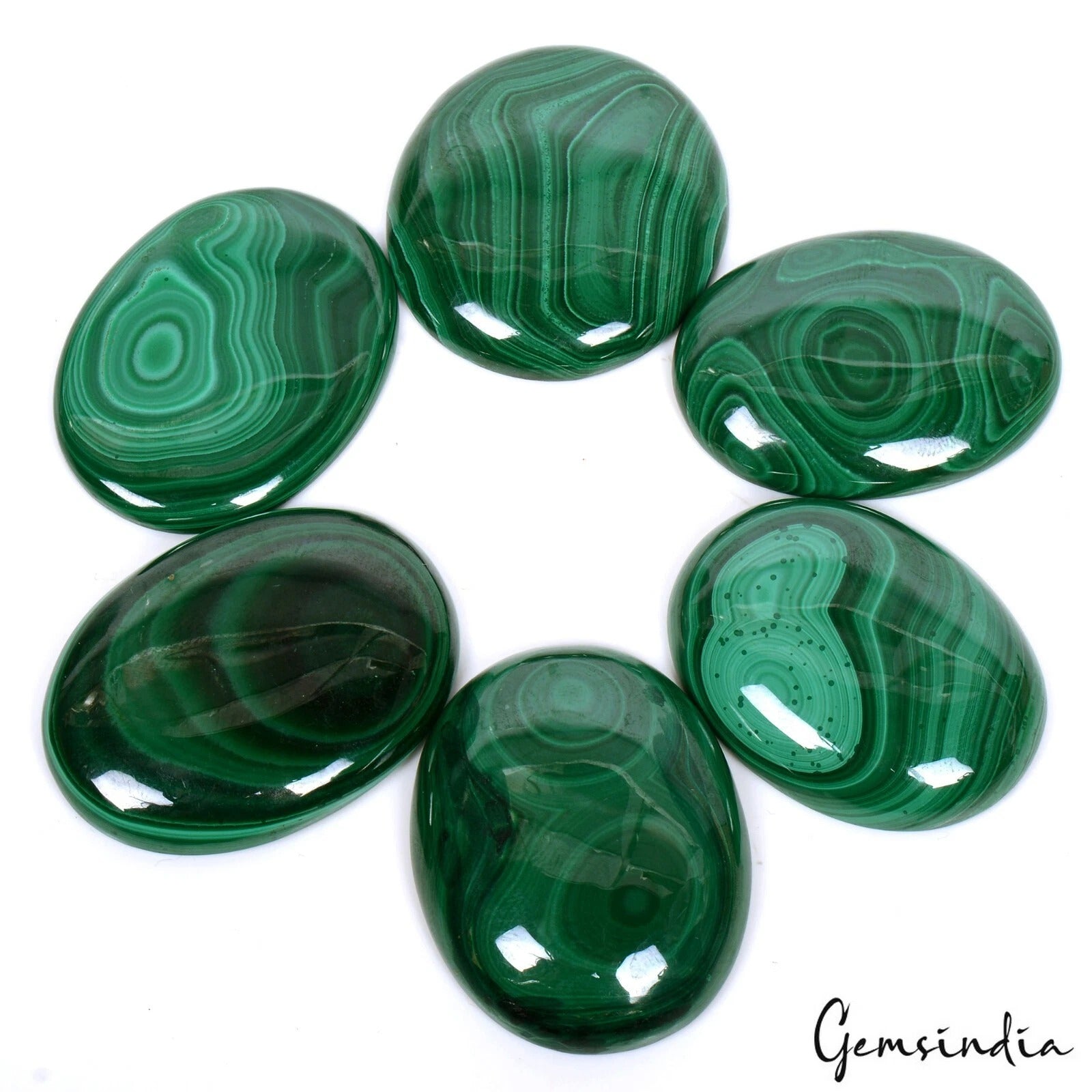 Malachite Lot, Cabochon, Untreated, Green — 6 Pieces, 35mm to 37mm, 480 Ct, Madagascar