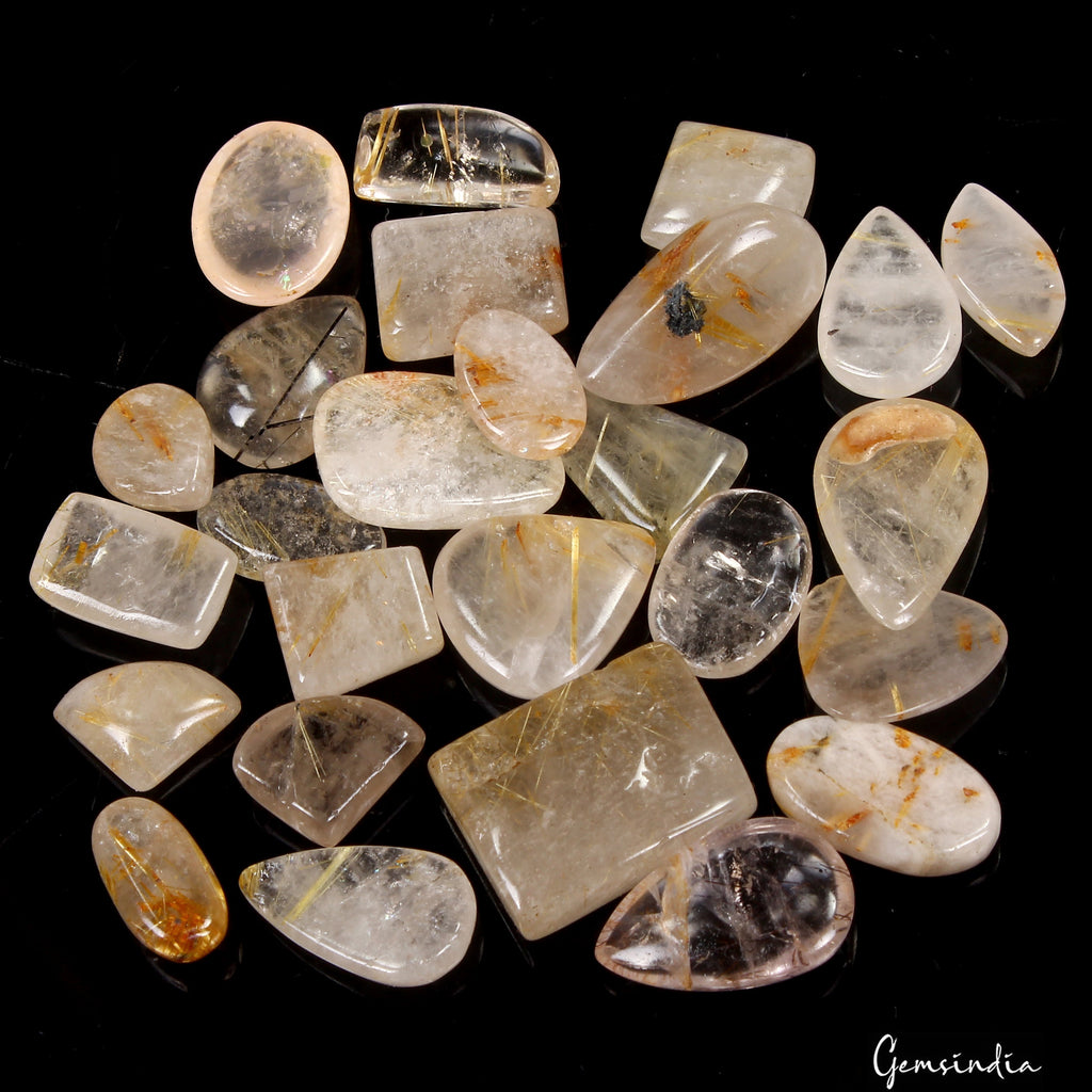 190 Ct/11 Pcs Natural Untreated Golden Wire Rutile Quartz Mix Cab Loose Gems Lot