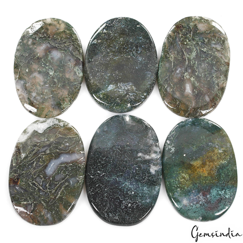 Moss Agate Lot, Loose Gemstone, Assorted Cabochon, Untreated — 6 Pieces, 64mm to 69mm, 1120 Ct