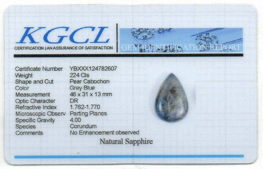 Certified 224 Cts Natural Untreated Gray Blue Sapphire Pear Cab Loose Huge Gem