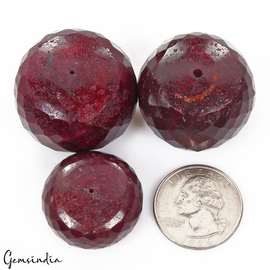 700 Cts/3 Pcs Natural African Red Ruby Round Faceted Drill Bead Loose Gems Lot