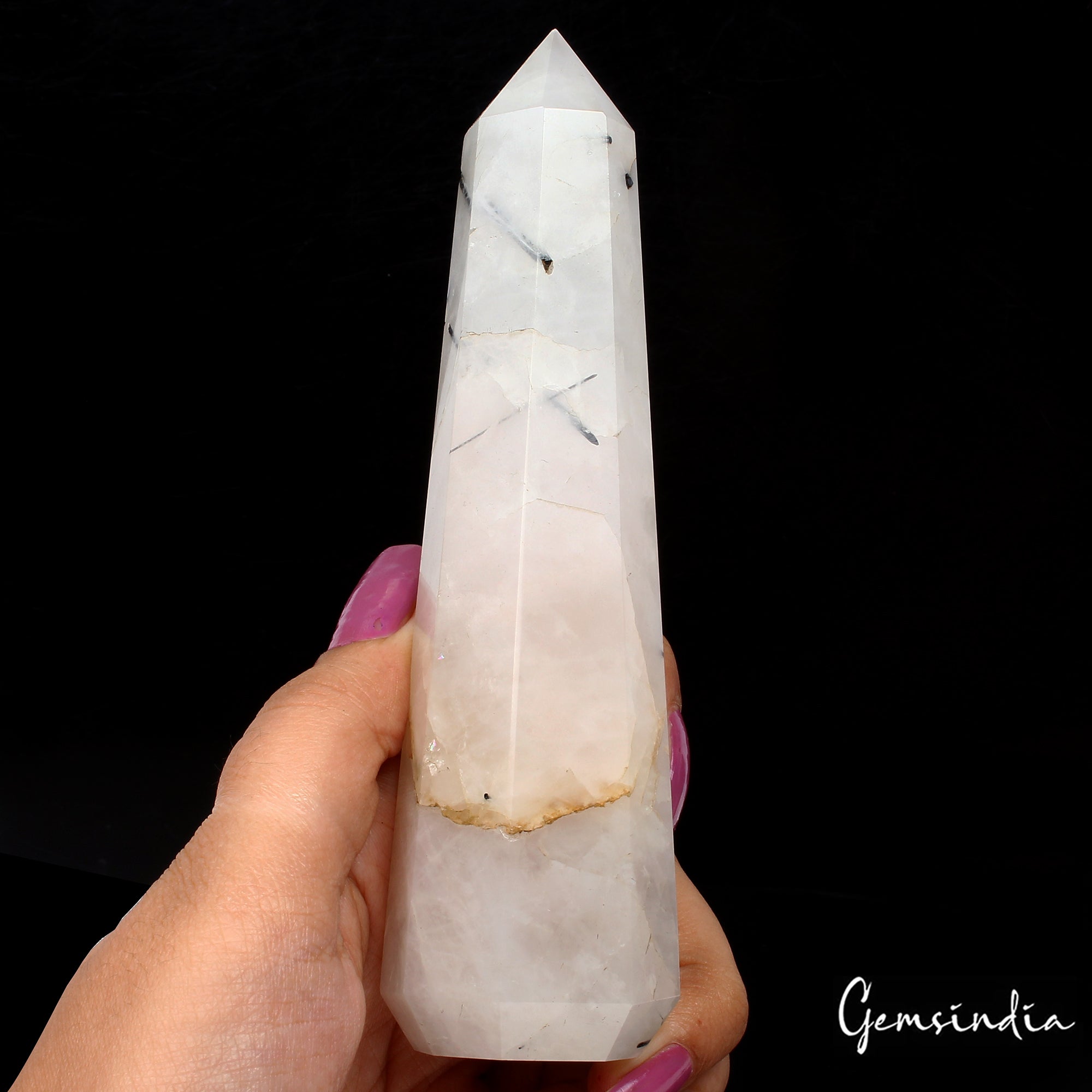 260 Gm5.6" Black Tourmaline Rutilated Quartz Obelisk Tower Crystal Point Healing