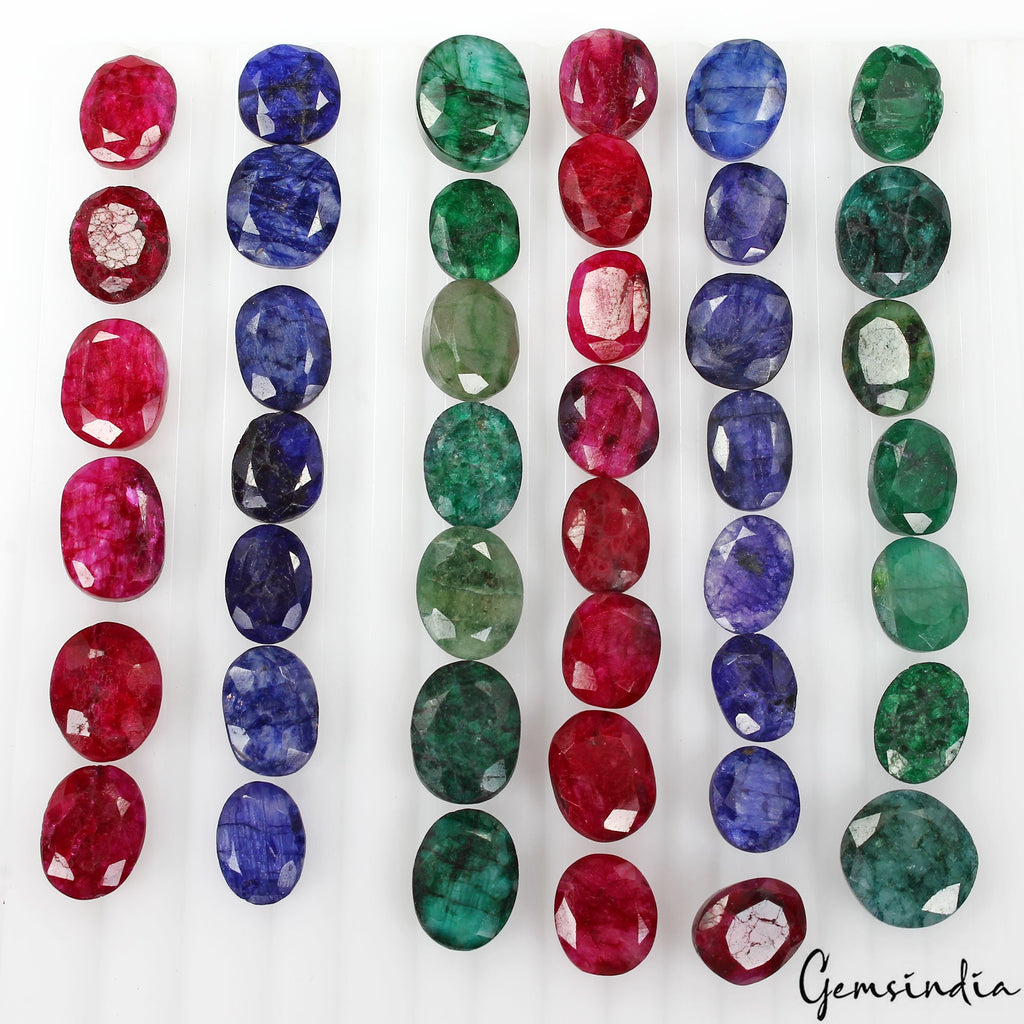 360 Ct/43 Pcs Natural Red & Blue Beryl Green Emerald Oval Cut Loose Gemstone Lot