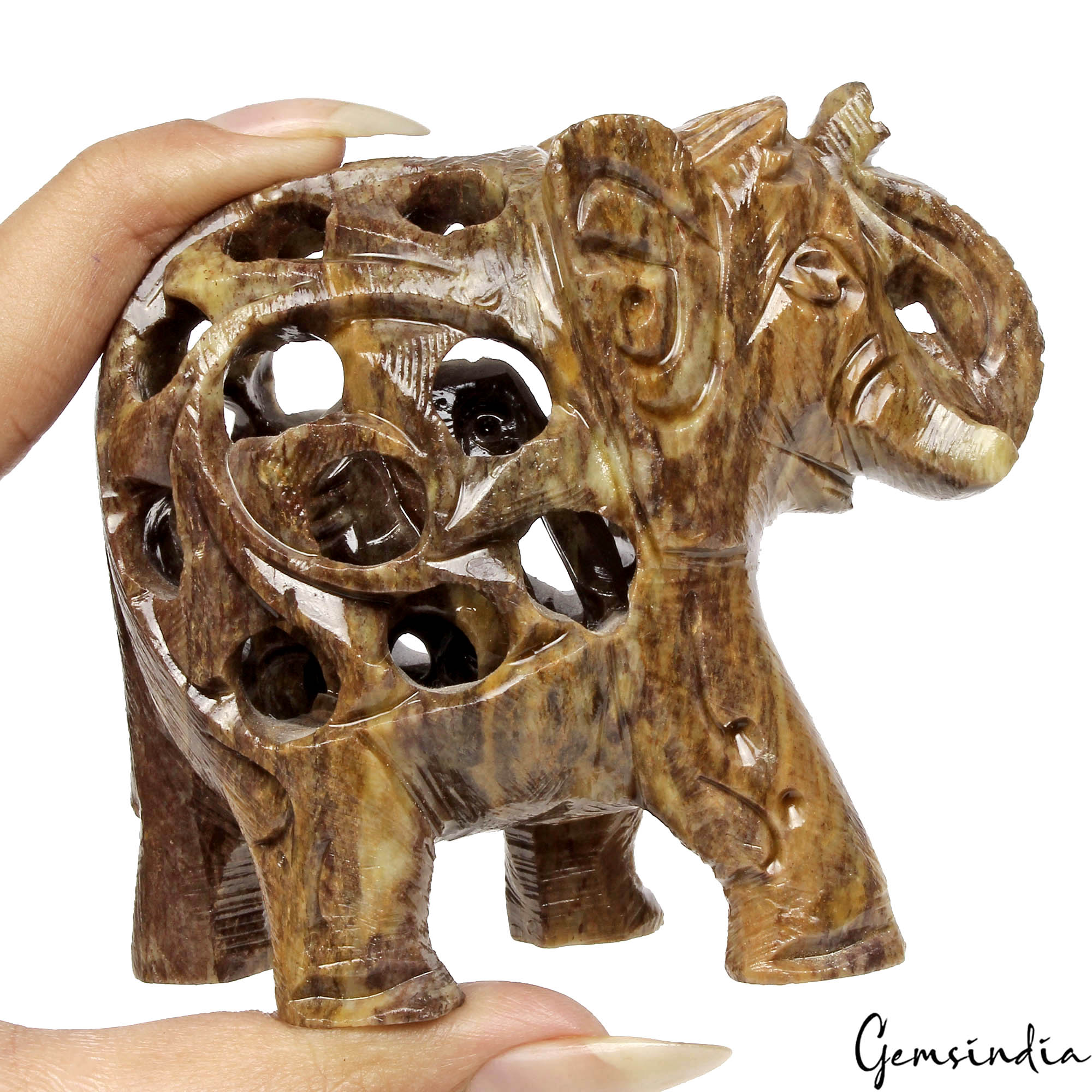 1430 Ct Soapstone Carved Elephant - Baby Inside Mother's Tummy Sculpture/Statue