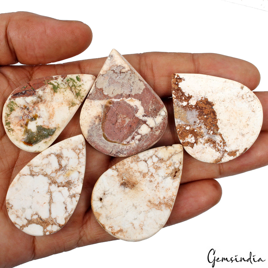 350 Ct/5 Pcs Natural Untreated Nevada White Buffalo Turquoise Pear Gemstones Lot