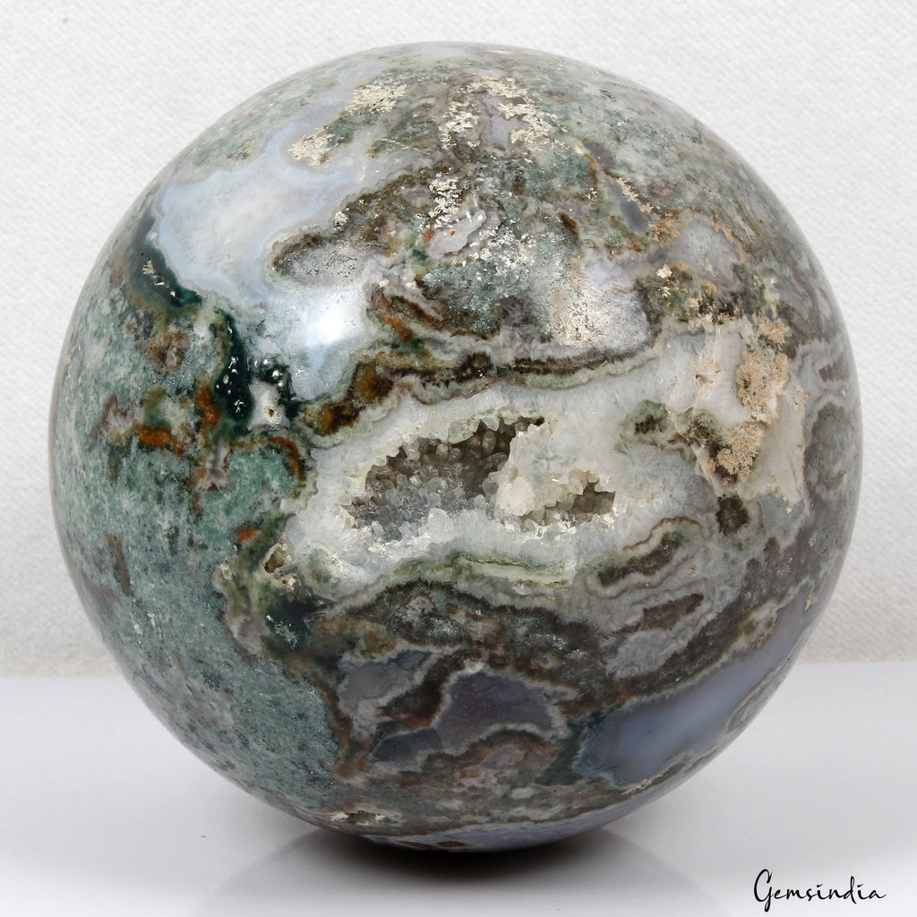 4.25 in Large Natural Moss Agate Geode Druzy Sphere Quartz Crystal Ball Healing