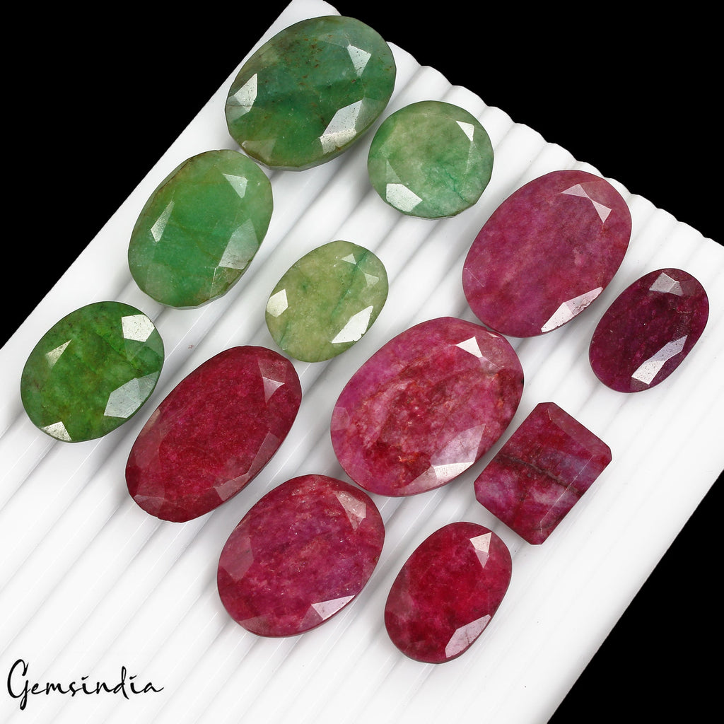 720 Ct/13 Pcs Natural Red Beryl/Green Emerald Mix Cut Loose Gems Lot For Jewelry